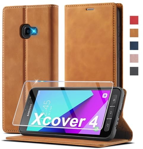 Handyhülle für Samsung Galaxy Xcover 4 / 4s Hülle Leder [Mit Schutzfolie] für Samsung Galaxy Xcover 4 Hülle Klappbar Leder Flip Wallet Stoßfeste Case Schutzhülle Klapphülle für Samsung Xcover 4s Hülle