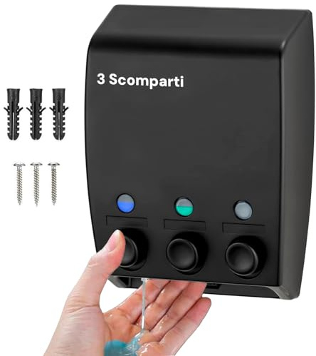Dispensador de jabón de Pared – Dosificador de jabón líquido de Pared con 3 recipientes, de plástico, 19 x 25 x 8 cm, Negro