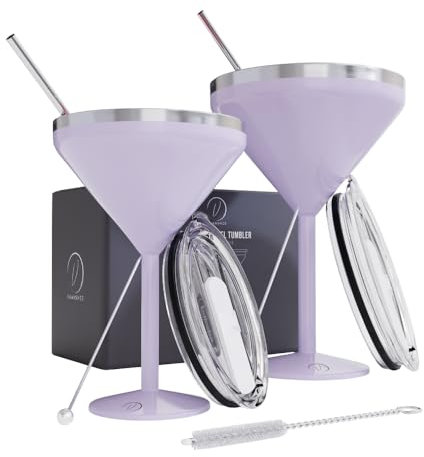 vaanshie 8 oz. Vacuum Sealed Martini Glass [Lilac/Set of 2] - Stainless Steel Martini Glass, Insulated Tumbler with Straws, Olive Pins, Straw Cleaner, Insulated Glass for Mother's Day Gift