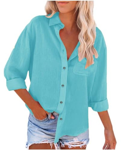 AMDOLE Sweatshirts Für Damen Leinenhemden für Damen mit Taschen, langärmelig, Button-Down-Hemd, Bluse, lockere Passform, Urlaub, Strand, Arbeitsoberteile, Kleidung Satin Tunika (Sky Blue, M)