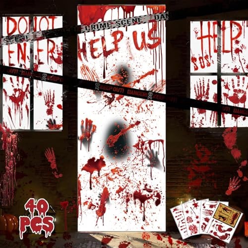 Halloween Deko Innen Gruselig Fensterbilder - Halloween Fensterdekorationen Zombie Poster Set Wiederverwendbare Halloween Zubehör, Gruselige Blutige Handabdrücke Fußabdrücke Wandaufkleber Dekoration