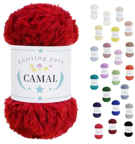 CAMAL Laine à Tricoter, 100g Fil de Fausse Fourrure Velours Fil Crochet Duveteux Pelote de Laine Velours pour Crochet Couverture, Chapeau, Poupées, Châles - 60m (rouge)