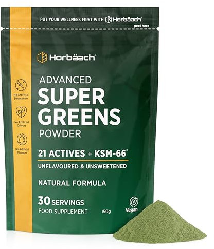 Super Greens Powder | 150 g | Complément Alimentaire Vegan Poudre Avec Ashwagandha KSM-66 et 21 Ingrédients Actifs - Chlorella, Spiruline, Herbe de Blé, Multivitamines et Minéraux et Plus | Horbaach