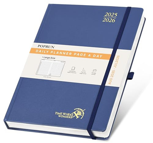 POPRUN Tagesplaner 2025 2026 Hardcover 30,5 x 22 cm, Tageskalender A4 1 Tag 1 Seite (Montag - Sonntag), Terminplaner (Aug.2025-Jul.2026) mit Stiftschlaufe - Marineblau