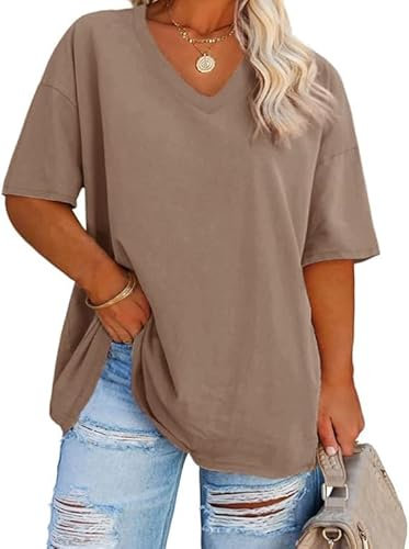 Fisoew Damen Große Größen T-Shirt Halbarm Shirt mit V-Ausschnitt Sommer Lose Basic Oberteil Oversize Kurzarm Baumwolle Tee Tops(Khaki, 4XL)