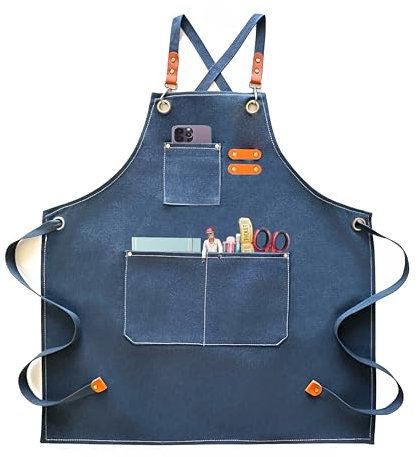 ursapela Canvas Heavy Duty Apron for Men Women with Adjustable Cross Back and Pockets Workshop Gardening Grilling Work Apron, Blue, One Size Fits All