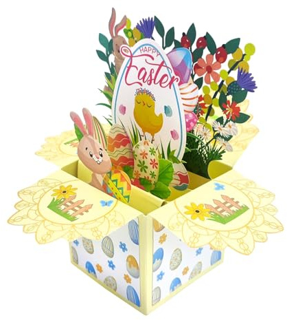 Osterkarten, Osterkarten mit Umschlag, Karte Ostern, Frohe Ostern Karte, Pop Up Karte Ostern, Happy Easter Card mit Umschlag, Osterkarten 3D mit Hasen, Osterei und Blumenmuster (C)