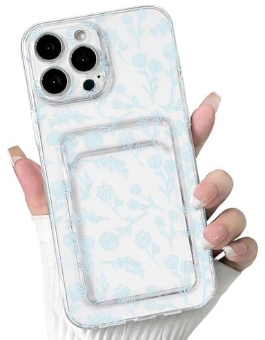 NITITOP Compatible with iPhone 12 Pro Max Case Clear with Card Holder Cute Flower Floral Leave Pattern for Women Girl Soft TPU Shock-absorbing Wallet Case Protective Phone Cover - Light Blue