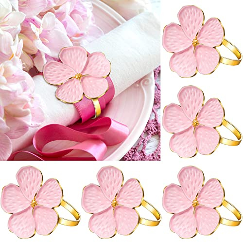 Patelai Serviettenringe mit Blumenmotiv, Rosa, Blumenmuster, Serviettenring, Frühling, Gold, Serviettenringhalter, Serviettenschnalle, Tischdekoration für Hochzeit, Party, Urlaub, Bankett, Geburtstag