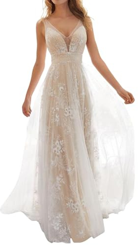 Générique Robe de Mariée pour Mariage Longue Femme A-Line Col V sans Manche en Dentelle Mousseline