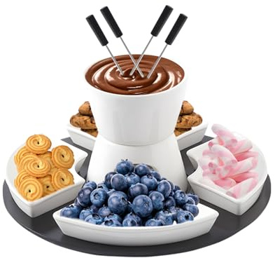 Keramik Schokofondue, Fondueset mit Holzpalette, 4 Gabeln, 4 Snackschalen, Schokobrunnen mit Schmelzfunktion, Schokoladenfondue für Familienessen,Nachtisch,Picknicks,Geburtstagsfeiern, Urlaubsfeiern
