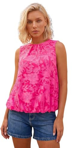 Roman Petite Jacquard Bubble Hem Top for Women UK - Ladies Everyday Holiday Spring Summer Round Neckline Comfy Soft Evening Vacation Work Party - Petite Pink - Size 16