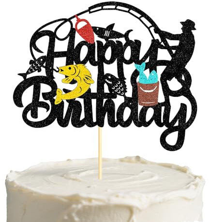 Fishing Cake Topper, Fishing Cake Decorations, HSC Fish Cake Decoration for Fishing Theme Birthday & Retirement Party, Cake Topper for Man Party Supplies