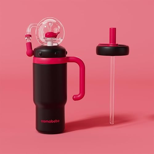 Edelstahl Walbrunnen Tumbler mit Griff - Zwei Deckel, auslaufsicher, spülmaschinenfest, niedlich & perfekt für Kinder, Jugendliche und Erwachsene Walbecher 710ml Trinkbecher mit Walspritzer (Schwarz)