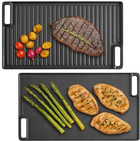 Navaris Doppelseitige Grillpfanne aus Gusseisen - 47 x 27,5cm Eingebrannte Pfanne Gusseisen - Langlebig und hitzebeständig, für Gaskocher, Grill - Grillpfanne Gasgrill, Ofenfest
