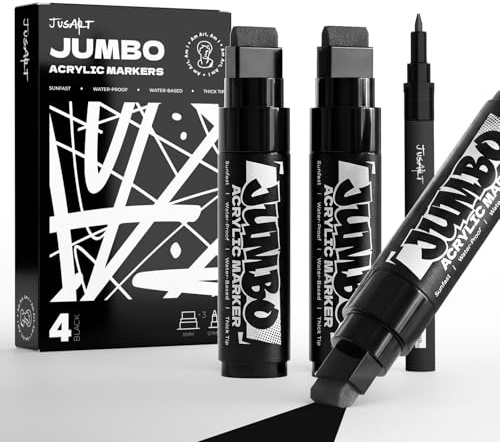 JusArt 4 Pcs Black Jumbo Poster Marker Set, 15mm and 0.7mm Tip