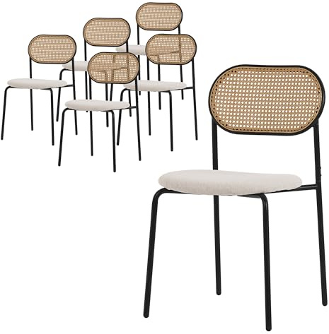 ML-Design Esszimmerstühle 6er Set Beige, Küchenstuhl mit Rattan Rückenlehne, Gepolsterte Stühle mit gebogener Netzrücke, Rattanstuhl mit Stahlbeinen, Armlose Polsterstühle, Akzentstühle für Esszimmer
