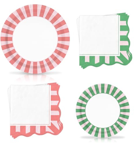 AnyDesign Italian Summer Tableware Sets Serves 24 Stripe Wavy Disposable Paper Plates with Luncheon Napkins Decorative Dinnerware for Last Toast Coast Bachelorette Birthday Party Supplies, 72 Pcs