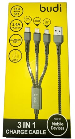 BUDI 3 in 1 Charge Cable, USB-C, Lightning, Micro USB, 1.2M, 2.4A Fast Charging, Aluminum Shell