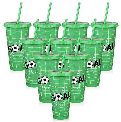 Kklolai 10 Pcs 24 Oz Plastic Football Cups Reusable Tumbler with Lid and Straw Soccer Birthday Party Gifts for Coach Fan Men Women Sports Game Team Decoration (Goal)