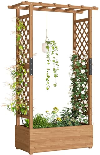 Outsunny Hochbeet mit Rankgitter & hängendem Dach, Holz Blumenkasten mit Rankhilfe Ablauflöchern, Pflanzkasten für Kletterpflanzen & hängende Körbe Pflanzkübel für Garten Balkon 110 x 44 x 181 cm