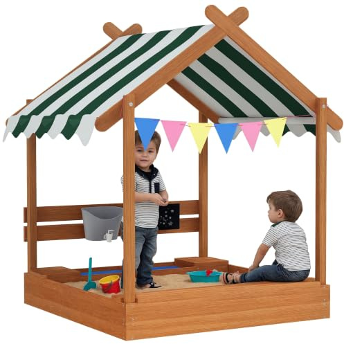 Outsunny Arenero para Niños de Madera con 2 Asientos y Toldo Naranja | Arenero Infantil en Forma de Casa, Toldo, 6 Banderines, 2 Bandejas Extraíbles, Grifo, Pizarra, Patio, Jardín, 124x116x146 cm