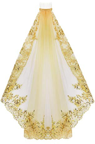 MioCloth Schwarzer Spitzenschleier für Hochzeit, Kathedrale, Hochzeit, Braut, Halloween, Gothic-Kostüm, Schleier, Gold, Medium