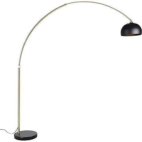 Qazqa - Moderne Bogenleuchte I Bogenlampe I Lampe I Leuchte Messing mit Marmorfuß und schwarzem Schirm 32,5 cm - XXL I Wohnzimmer I Schlafzimmer - Stahl Länglich - LED geeignet E27