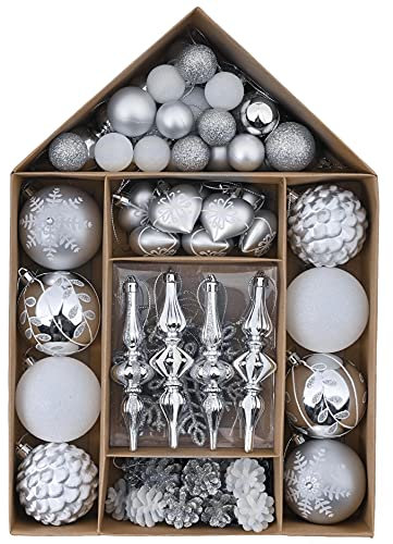 Valery Madelyn Weihnachtsbaumschmuck-Set für Valentinstag, 70 Karat Weiß-Silber, bruchsichere Weihnachtskugel-Ornamente, Bulk, Winterwunderland, Wald, hängende Ornamente für Urlaub, Hochzeit,