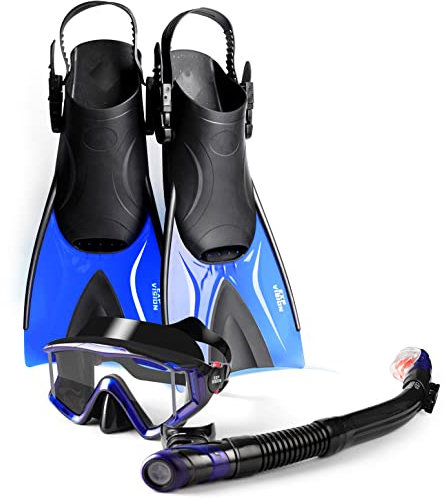 Erwachsene Tauchmaske Flossen Schnorchel-Set, Schnorchelausrüstung Anti-Fog-Tauchmaske Anti-Leck-Trockenschnorchel, Tauchflossen-Kit zum Schnorcheln Schwimmen (Large - Blue Set)