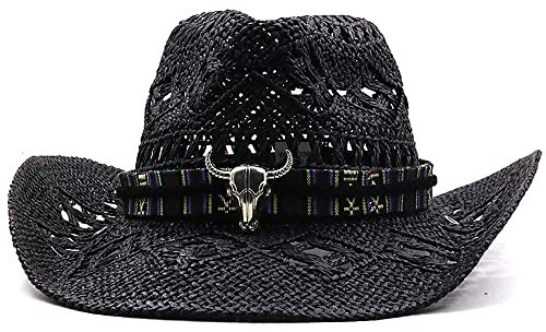 Chapeau de paille cowboy western pour homme et femme avec bandeau, noir, 7-7 1/4