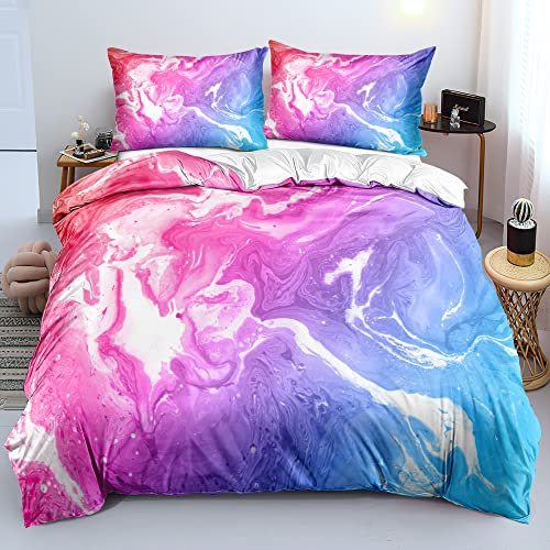Luowei Marmor Bettwäsche 135x200 cm Rosa Blau Weich Bettwäsche Set Schön Schick Mikrofaser Bettbezüge für alle Jahreszeiten mit Reißverschluss und 1 Kissenbezüge 80x80cm