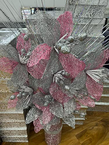 CRYSTAL CROWN® Artificial Bloomer Flower Ornament Glitter Flowers for vase home decoration, Bunch Of Artificial Flowers (Grey & Pink)