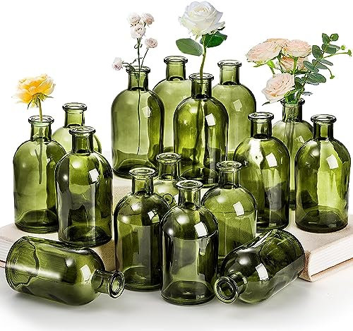 YOUEON 16 Stück kleine lebende Knospe Vasen 250 ml grünes Glas kleine Vase dekorative Flaschen kleine Vintage Blume Flasche Centerpiece für Hochzeit Empfang Home Decor Büro Vintage Look
