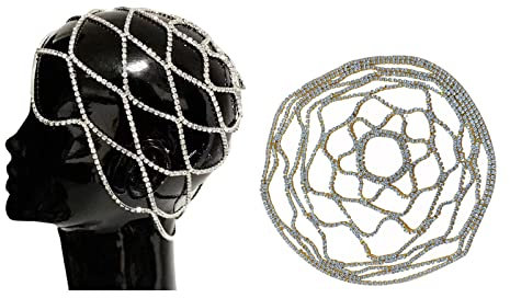 DRYEN Crytsal Kopfkette, silberfarbene Kappe, Kopfschmuck, Strass, Netz, Kopfbedeckung, Kappe, Brautparty, Flapper, Haarteile, Schmuck, Haarschmuck für Frauen (Silber)