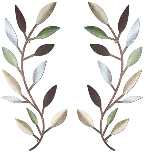 Zhengmy 2 Pieces Metal Tree Leaf Wall Decor Vine Olive Branch Leaf Wall Art Wrought Iron Scroll Above The Bed, Living Room, Outdoor Decoration (Colorful)