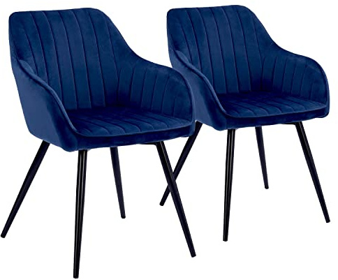 Happy Garden 2er Set Samtstühle BERTILLE blau - Moderner Stil mit gepolsterter Rücken- und Armlehne aus Samt und schwarzen Metallbeinen.