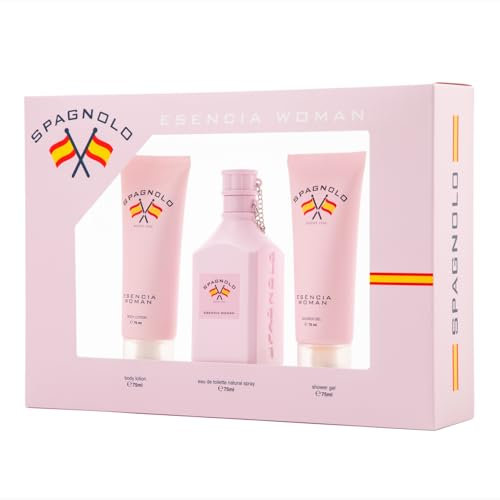 SPAGNOLO - Esencia, Perfume 75 ml + Gel de Baño 75 ml + Loción Corporal 75 ml, Estuche para Mujer, Colonia Perfumada, Eau de Toilette Femenina, Fresca, Floral y de Larga Duración
