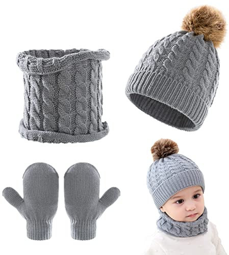 3-teiliges Baby-Beanie-Mütze Schal Handschuhe Strickmütze Winter warme Handschuhe Kleinkinder Halswärmer für Jungen und Mädchen 0–3 Jahre