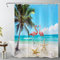 LB Blaues Meer Duschvorhang 120x175cm Rosa Flamingo am tropischen Strand Antischimmel Wasserdicht Badezimmer Vorhänge, Grüne Palme Extra Kurz Polyester Stoff Bad Vorhang mit Haken