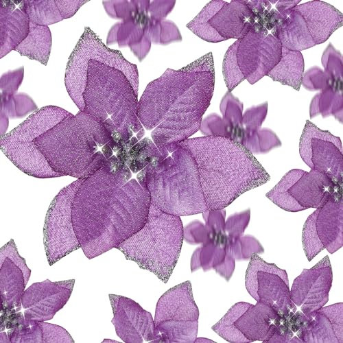 36 Pcs 3 Size Christmas Poinsettia Christmas Tree Flowers Glitter Faux Flowers Decoration Artificial Poinsettia Ornaments For Christmas New Year Home Outdoor Decoration (Light Purple,3/ 4/ 6 Inch)