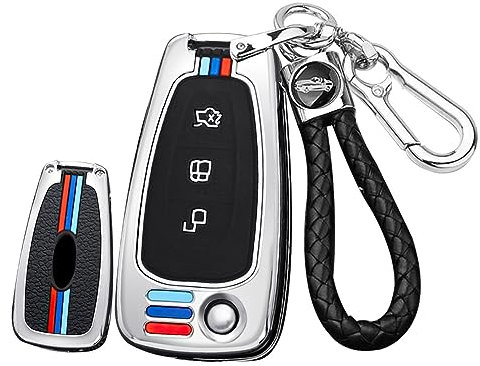 ontto Metall Schlüsselhülle Autoschlüssel Hülle Schutzhülle Cover Passt für Ford Kuga Focus Mk3 Mk4 Mondeo Fiesta Titanium Ecosport Transit MK8 Schlüsselbox Schlüsselanhänger 3 Taste-B Silber