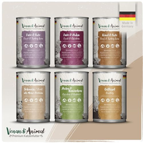 Venandi Animal - Premium Nassfutter für Katzen - Probierpaket IV, 6 x 400g (6er Pack), getreidefrei mit extra viel Fleisch
