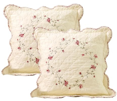vctops Set of 2 Cotton Quilted Embroidered Decorative Square Throw Pillow Covers with Scalloped Floral Soft Cushion Case for Couch Sofa Bed (Flower D,18x18)