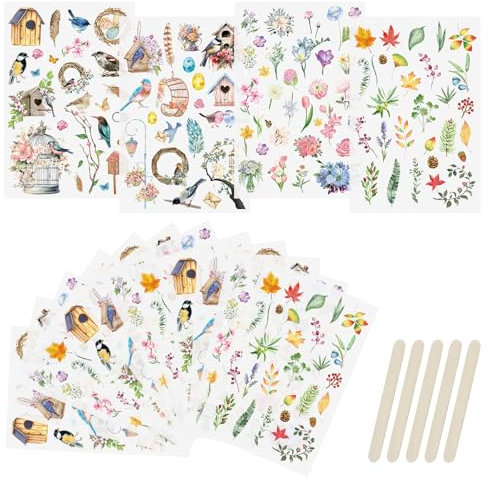 WANDIC Transferaufkleber zum Aufreiben, 16 Blatt Vogel DIY Transfer Decals wasserdichte Blumen Scrapbook Aufkleber für Kartenherstellung Grußkarten Geschenkverpackung Heimdekoration