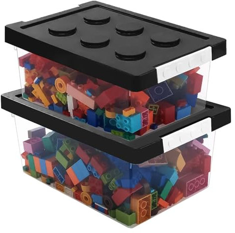 Greentainer Toy Storage Organizer Bins with Lid - Stackable Plastic Organizer Box Set of 2, Kids Toy Chests with Building Baseplate and Lid, Storage Container for Building Bricks & Toys(Black)