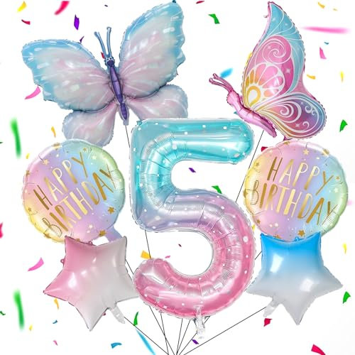 Capgoost 5 Jahre Schmetterling Deko Geburtstag, 7 Stück Schmetterling Geburtstagsdeko Mädchen, Schmetterling Luftballon, Feen Geburtstag Deko, Schmetterling Deko Themen Party für Mädchen Geburtstag