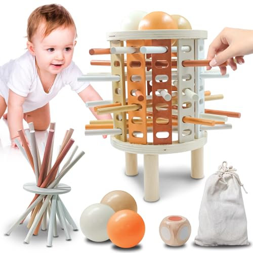 OneNine Montessori Spiel Brettspiel aus Holz, mit bunten Stäben, Würfel & Holzkugel für Kinder ab 3 - Holzturm Spiel für Jungen & Mädchen 3-9, Feinmotorik Spiele & Familienspiel für Kinder