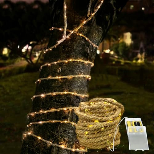 MEDOYOH 10M Seil Lichterkette im Innenbereich von 200 LED, Hanfseil Lichterkette Batterie Seil Licht Wasserdicht für Garten Terrasse Balkon Schaukel Stamm Dekor