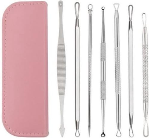 Jumada's – Entfernen Sie Akne und Pickel mit unserem 7-teiligen Set – Edelstahl-Komedonenlöffel, Komedonenentferner, Mitesserentferner, Pickelentferner – im luxuriösen rosa Etui